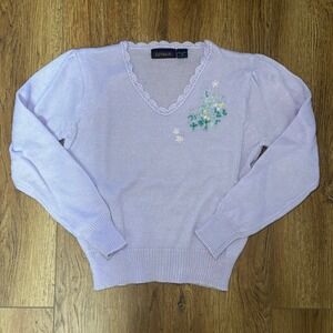VTG 90s Lavender Floral Embroidered Sweater Scalloped Trim‎ Womens M Cottagecore